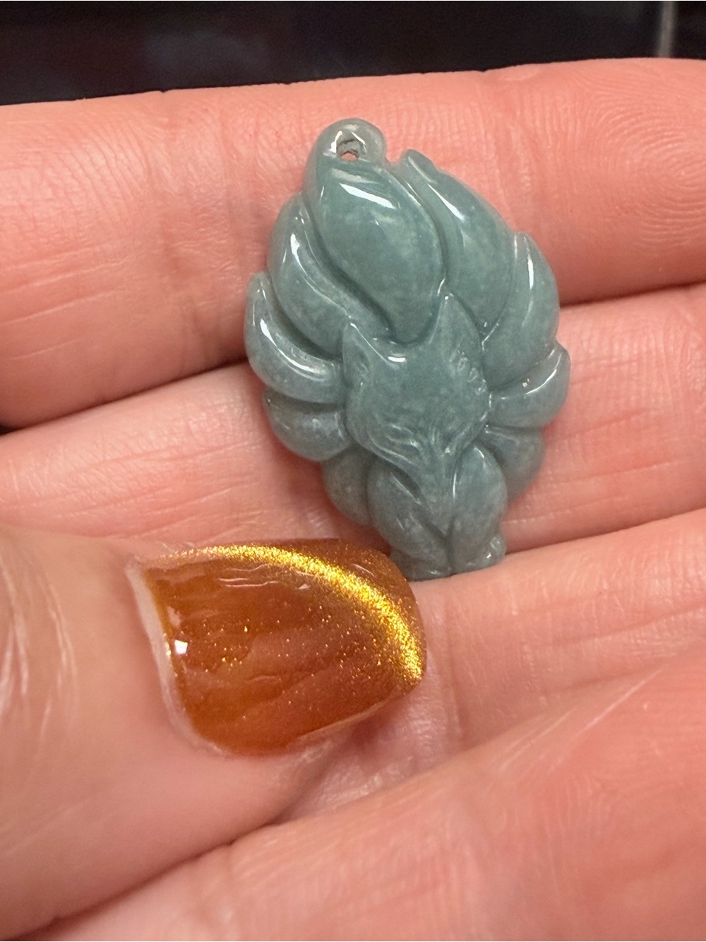 Hand Carved 9 Tailed Fox Pendant - Seafoam Green Jade
